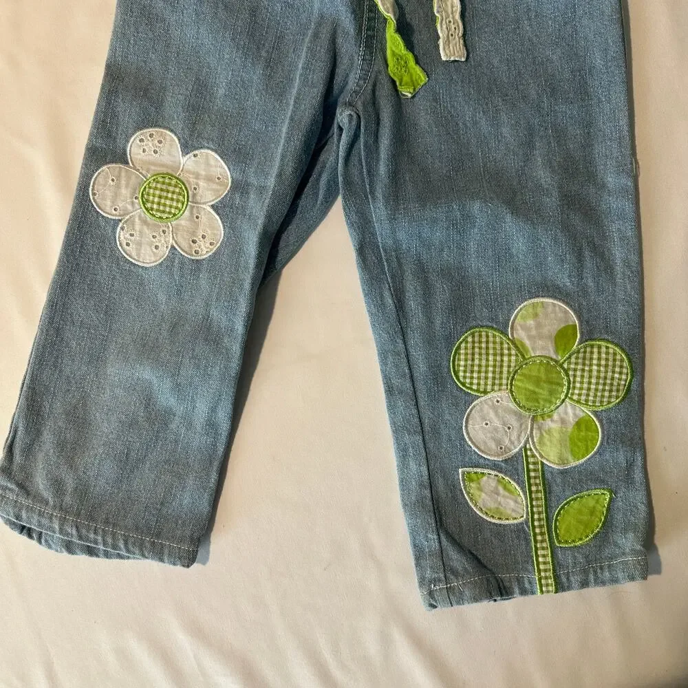 Vintage 2000s Y2K Kids Headquarters Green Flower Patchwork Jeans w/ Belt Sz 5